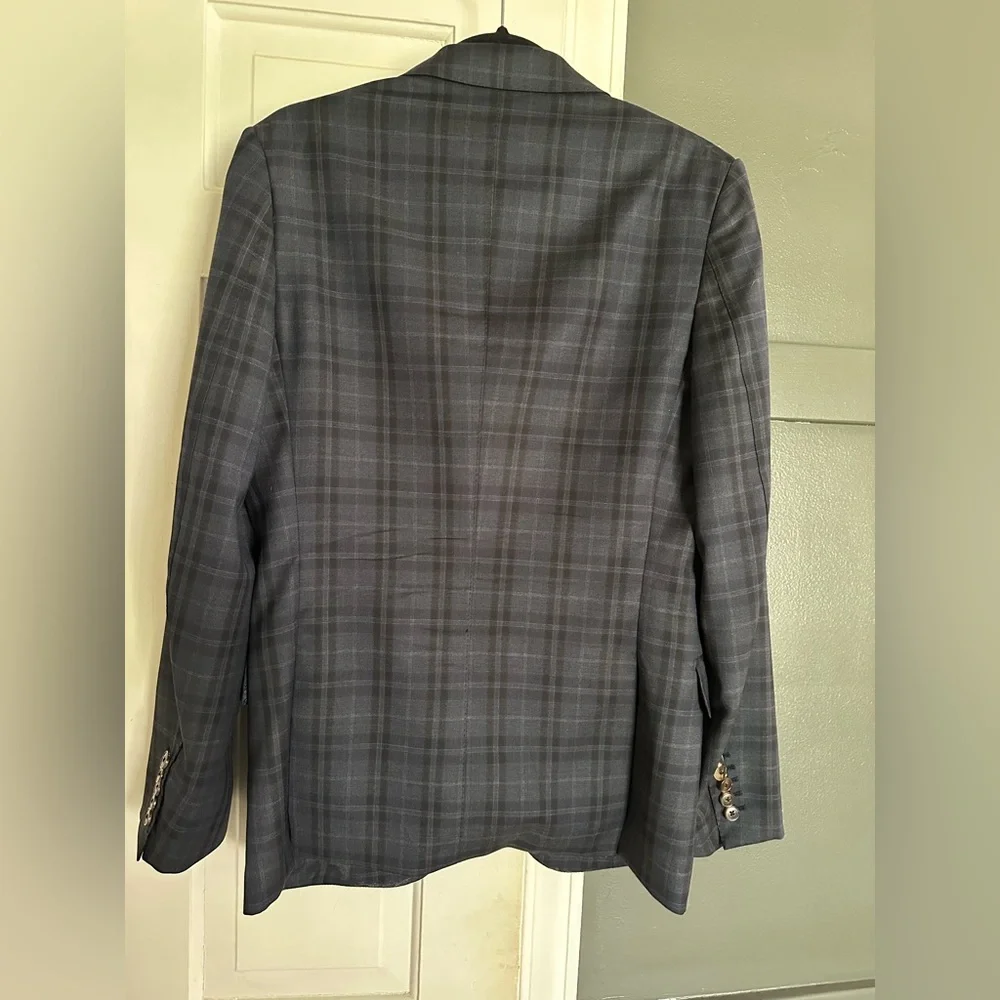Gucci Mens Suit Coat Dark Gray Windowpane Plaid Wool GG Monogram Italian Luxury